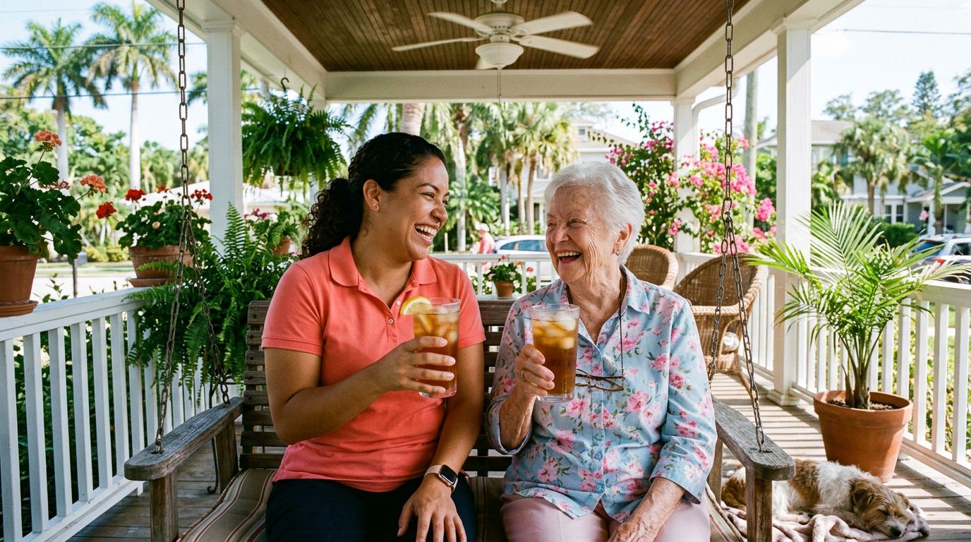 Caregiver laughing with elderly woman